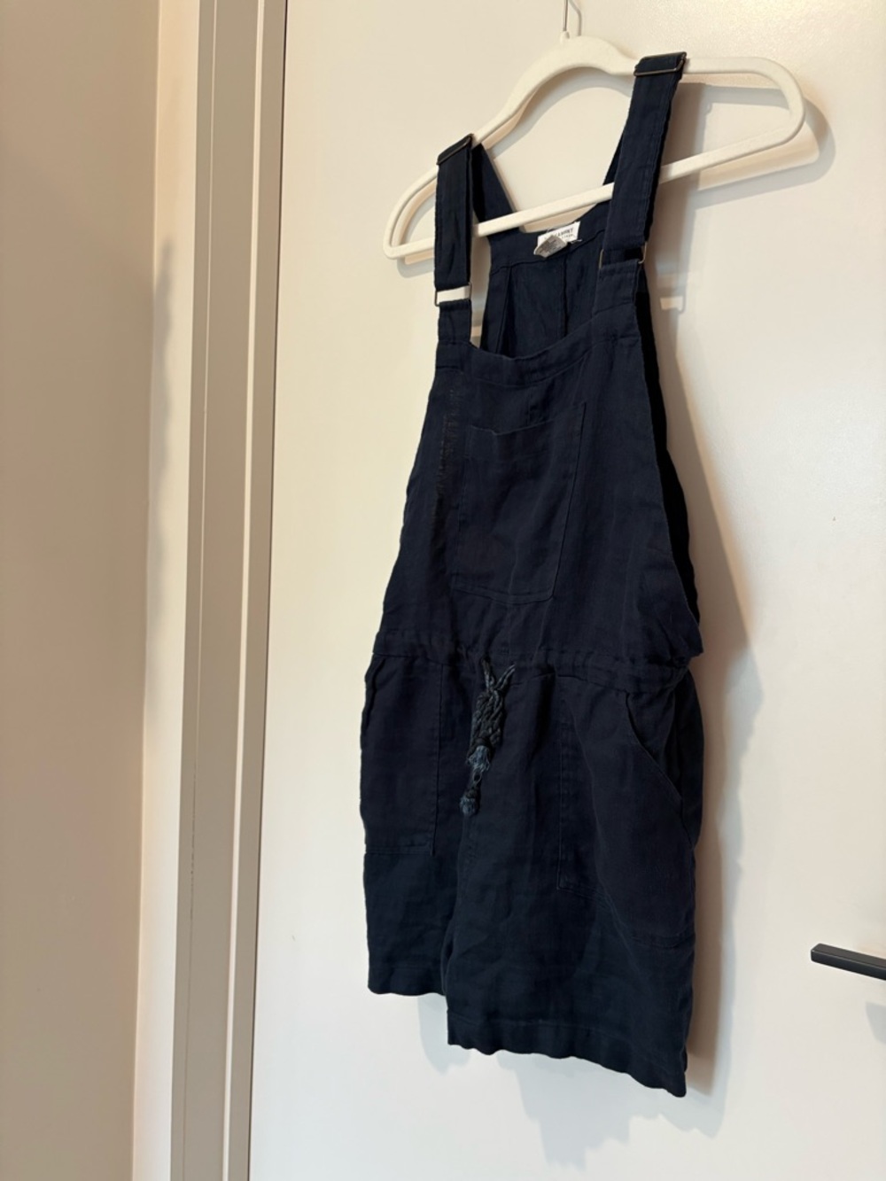 Linen Overall Romper One Piece Adjustable Navy Blue Front Pocket Drawstring M - Picture 9 of 10